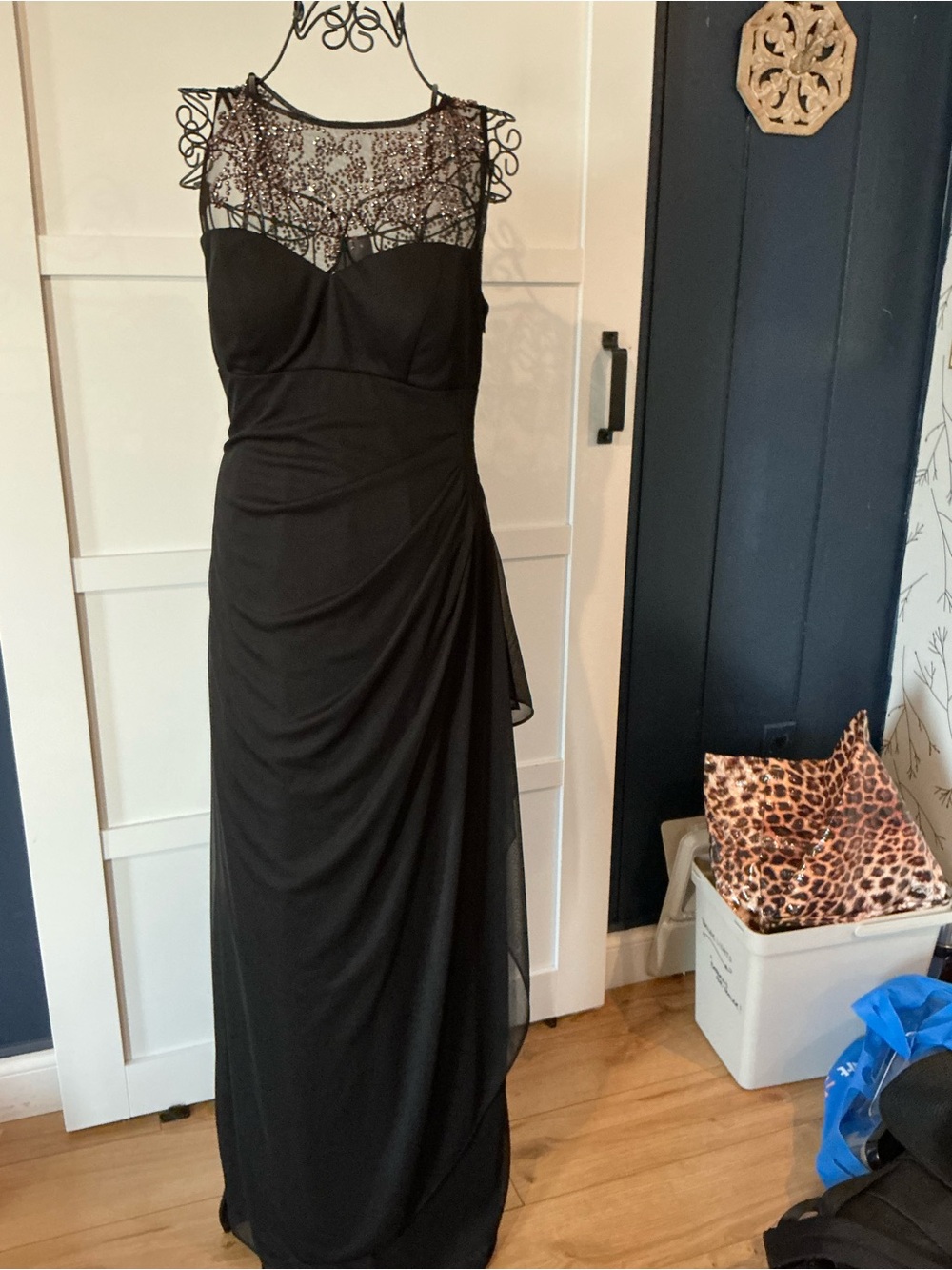 Black Beaded Mesh Yoke Evening Gown